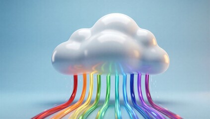 Rainbow streams emerge from a glossy cloud against soft blue background.