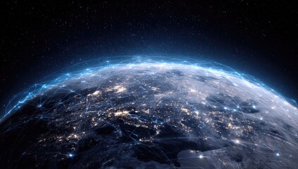 Obraz premium A breathtaking depiction of planet Earth, partially illuminated, with luminous city lights glowing beneath a network. Starry background