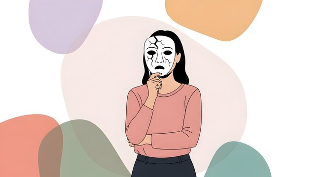 Pensive woman wearing a cracked mask reflecting on identity , vector illustration art