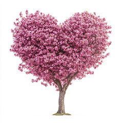 Heart shaped tree covered with vibrant pink blossoms stands alone on white background, symbolizing love and nature beauty in full bloom with delicate petals