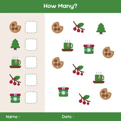 Count how many objects. Counting game on winter theme. Educational mathematical game. Counting game for children. Template for how many