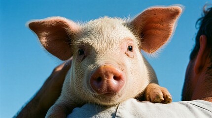 Fototapeta premium Man holds tiny piglet against blue sky, sunlit and curious.