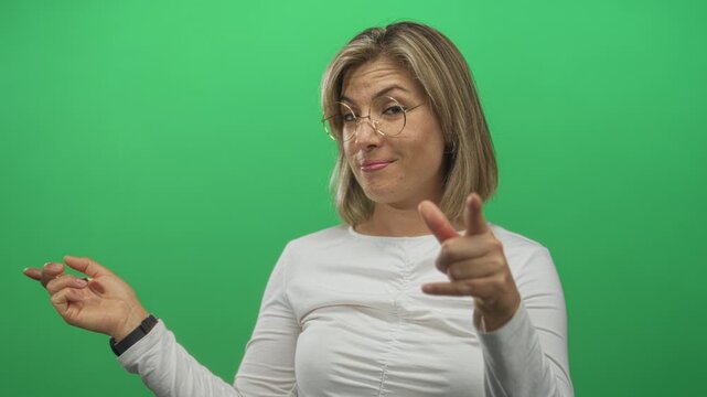 Woman miming phone gesture with hand and pointing finger in studio against green screen, wearing glasses and white shirt; playful.