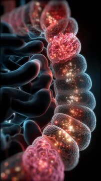 Gut dysbiosis. Intestinal inflammation. Microbiome inflammation. Metabolic. Ecosystem diversity. Colorful depiction of a cellular structure with glowing elements.