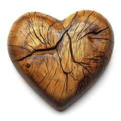 Heart shaped wooden carving with natural grain texture and visible cracks, showcasing rustic charm and warm brown tones, perfect for decorative or artistic use