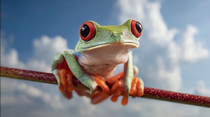 Tree frog climbing a branch with sky behind