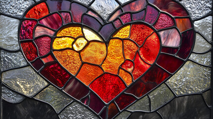Heart shaped stained glass window with vibrant red, orange, and yellow pieces surrounded by textured clear and gray glass, creating warm and artistic design