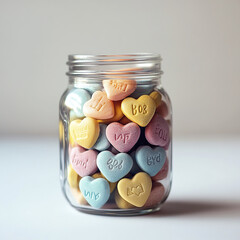 Jar filled with pastel colored heart shaped candy with cute messages, creating sweet and charming atmosphere perfect for celebrations or gifts