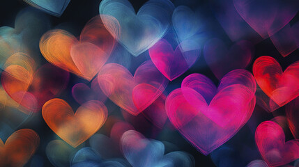 Kaleidoscope of heart patterns shifting dynamically in vibrant pink, orange, and blue hues creates dreamy and romantic abstract background full of glowing shapes