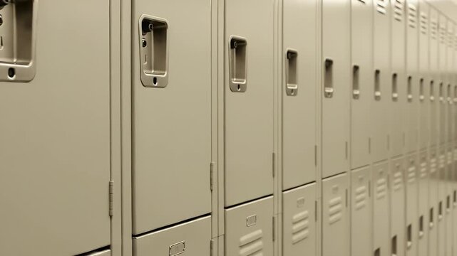 A clean and organized row of beige metal lockers, perfect for educational or office settings, conveying a sense of security and storage solutions