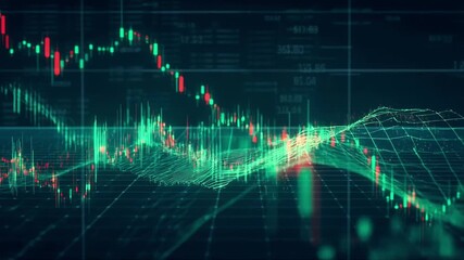 The screenshot showcases a dynamic financial chart with a descending line graph overlaid on a vibrant digital background. The graph features green and red lines that illustrate fluctuations in data, r - Powered by Adobe