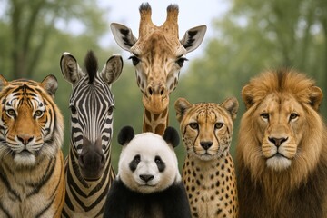 Naklejka premium Diverse Wildlife Portrait Featuring Tiger, Zebra, Giraffe, Panda, Cheetah, and Lion Against Blurred Green Background