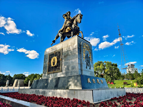 A statue of Genghis Khan in Genghis Khan Park, Ulanhot City, Hinggan League, Inner Mongolia Autonomous Region, China.