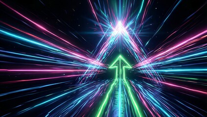Neon arrows glow in cosmic tunnel, vibrant colors streak through dark space.