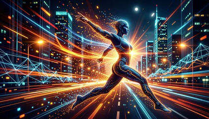 Cybernetic runner leaps through neon city, data streams swirl behind glowing digital body.