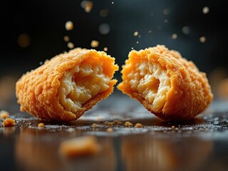 Two golden fried cheese balls cut in half showing melted stretchy cheese inside on dark background with flying crumbs