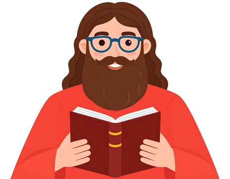 Cartoon figure with beard, glasses, and a book