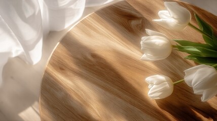 Obraz premium Elegant White Tulips on Wooden Surface with Soft Light and White Fabric Background for Gentle Presentation