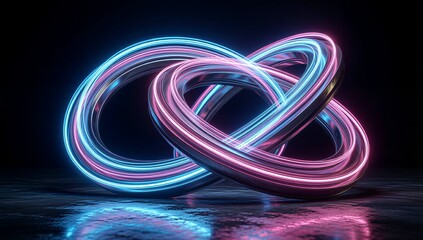 Neon blue and pink light trails form infinity symbol, glowing above reflective dark surface.
