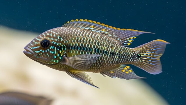 Vibrant close-up portrait of a colorful freshwater cichlid fish swimming in an aquarium