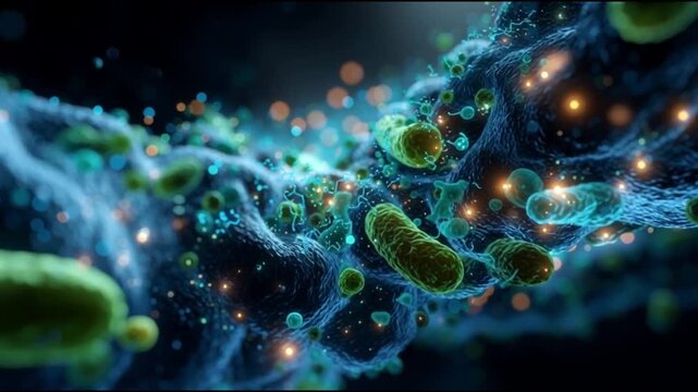 Gut dysbiosis. Intestinal inflammation. Microbiome inflammation. Metabolic. Ecosystem diversity. Close-up view of colorful bacteria and microorganisms in motion.