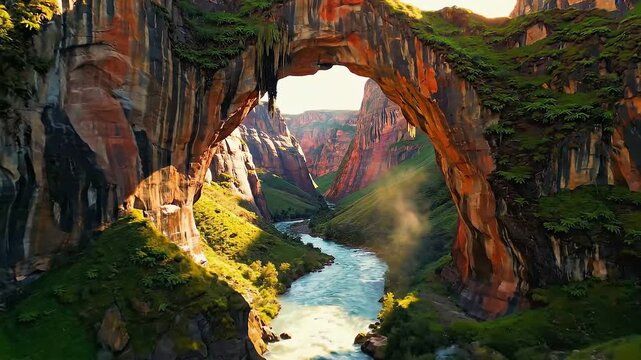 Natural rock arch formation with river flowing through valley surrounded by greenery and cliffs