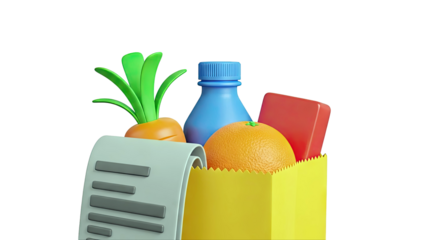 3D illustration of grocery items in a yellow bag with a receipt