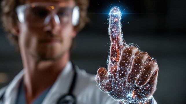 futuristic hand touching digital data network  scientist interaction with technology - Powered by Adobe