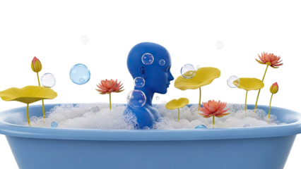 Blue Figure in Bathtub with Lotus Flowers and Bubbles