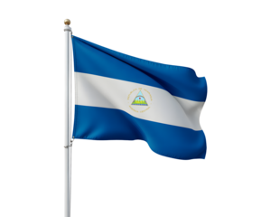 Proudly waving Nicaraguan flag on flagpole, symbolizing national pride and heritage, perfect for patriotic displays and cultural projects.