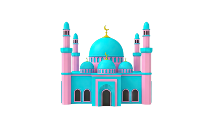 Cartoon Mosque with Pink and Blue Colors and Crescent Moon