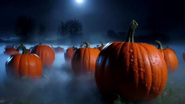 Foggy Pumpkin Patch at Midnight