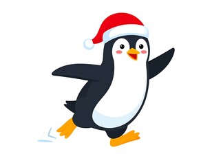 Obraz premium Cartoon penguin happily running while wearing a red Santa hat