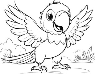 Obraz premium Cartoon parrot with wings spread, smiling against blurred background