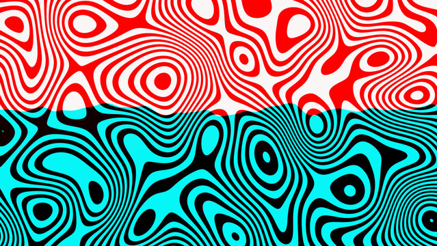 Abstract psychedelic wavy pattern with vibrant red and cyan blue liquid lines