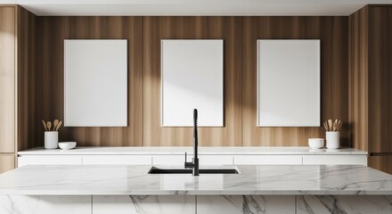 Modern Kitchen Interior with Marble Countertop, Wooden Wall Paneling, Black Faucet and Three Blank Poster Frames