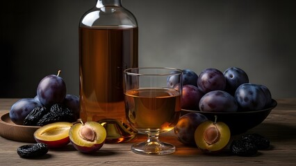 Still Life of Dark Plum Brandy or Liquor with Fresh Plums and Grapes on a Wooden Table