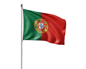Naklejka premium Dynamic Portuguese flag waves majestically on flagpole, symbolizing national pride and heritage, perfect for patriotic events and global representation.