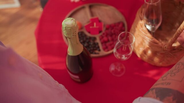 bottle of champagne on red table, wicker basket filled with berries and napkin, empty flute beside bottle, closeup of partner hand reaching for glass, warm sunlight creating soft shadows, intimate