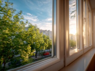 Fototapeta premium Bright Morning View Through Window: Residential Building, Green Trees, and Sunlight