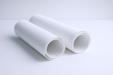 Fototapeta premium Two Rolled White Papers on a White Background, Minimalist Design, Ideal for Mockups and Presentations