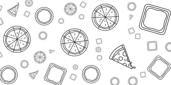 Seamless pattern of cartoon pizza slices and geometric shapes on white background