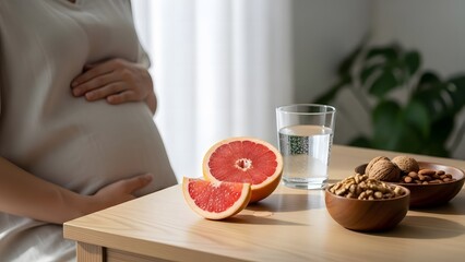 Pregnant Woman Holding Her Belly While Enjoying a Healthy Snack of Grapefruit and Water