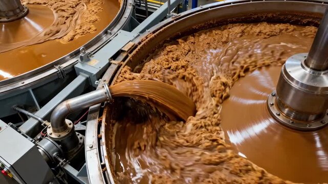 Medium shot overhead view of dense massecuite flowing into large centrifuge separators highlighting flow dynamics and machinery interaction.
