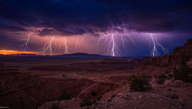Vibrant lightning over rugged desert landscape sunset glow
