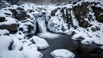 Small Waterfall Flowing Through Snow-Covered Rocks in a Frozen Winter Landscape