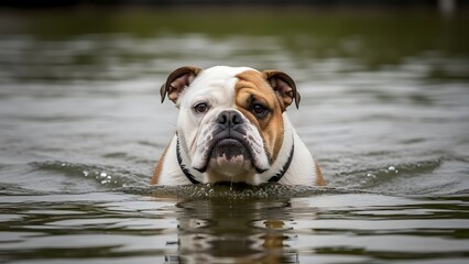 Adorable English Bulldog Swimming in Water Looking Directly at the Camera