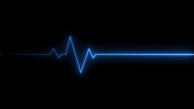 A vibrant electric blue neon electrocardiogram line pulses across a stark black background representing a healthy heartbeat or signal transmission with a continuous horizontal line extending to the