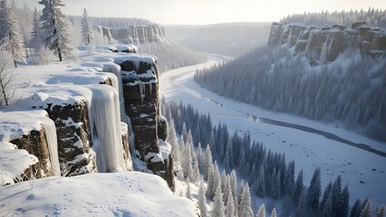 Winding Snowy Road Through a Deep Canyon Valley with Steep Icy Cliffs in Winter