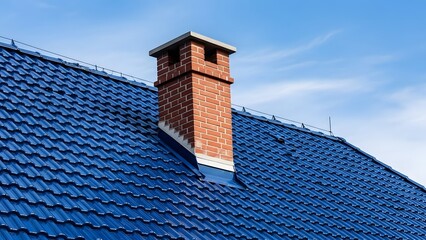 Detail of a red brick chimney on a steep blue tiled roof against a bright blue sky.